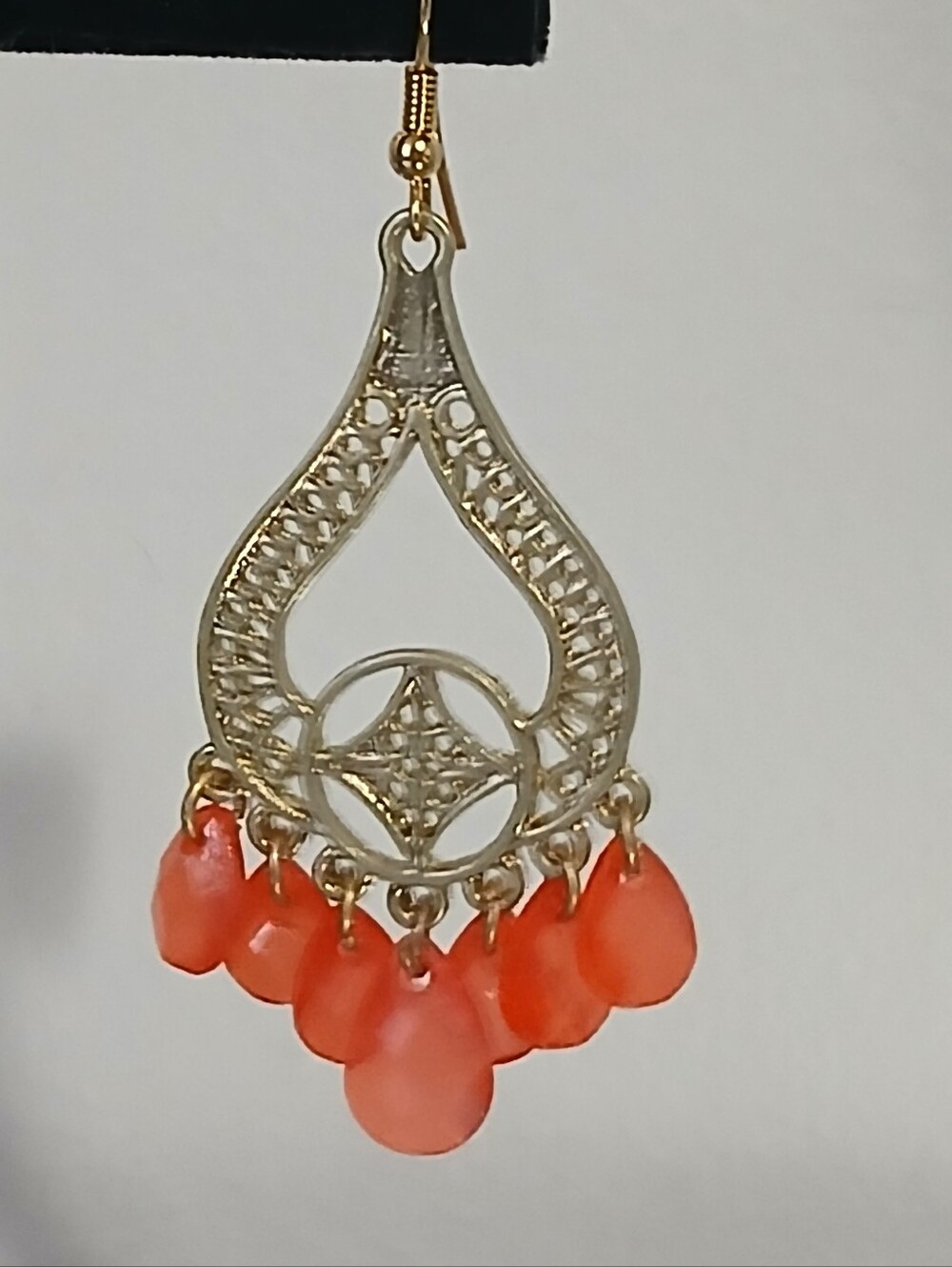 Chandelier Earrings Coral Beads Gold Toned Dangle Drop